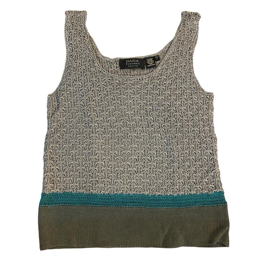 Dana Buchman Womens S Petite Green and Blue Detailed Knit Tank EUC